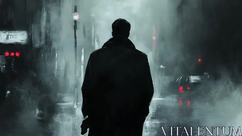 Solitary figure in foggy noir city street at night.