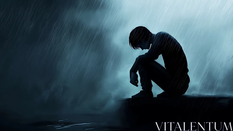 Silhouetted figure sits alone in heavy rain at night