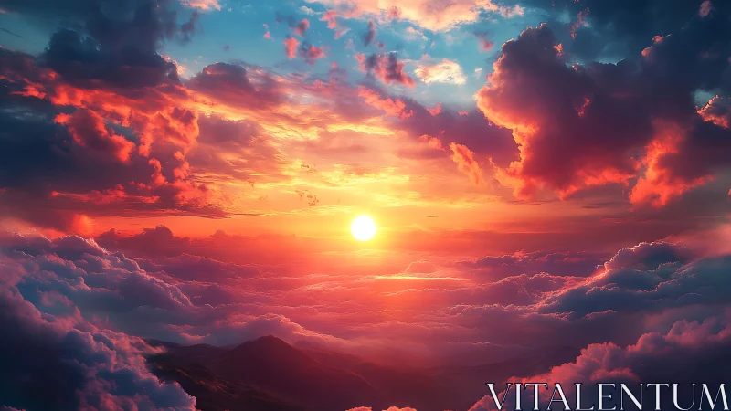 Radiant sun over vivid cloud sea at cinematic dusk.