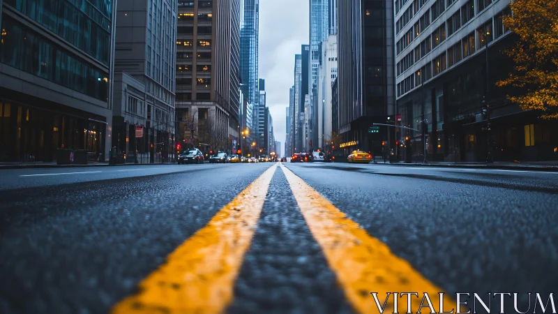 Golden city streetlines guiding a quiet urban morning.