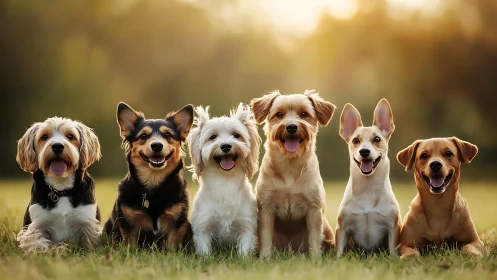 Sunset dog choir beams wide smiles in a grassy lineup