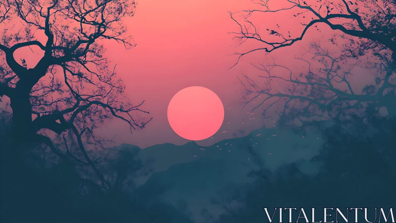 Pink sun centered behind misty hills and dark branches