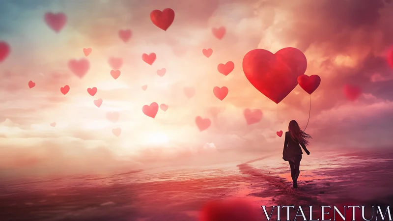 Silhouetted Figure Manipulating Scaled Heart Balloon Formations.