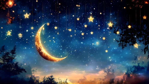 Glowing crescent moon hangs among suspended golden stars