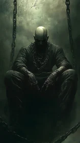 Chained bald figure in moody green chiaroscuro lighting.