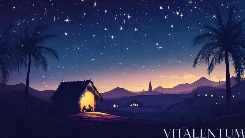 Nativity hut and distant village under starry desert sky.