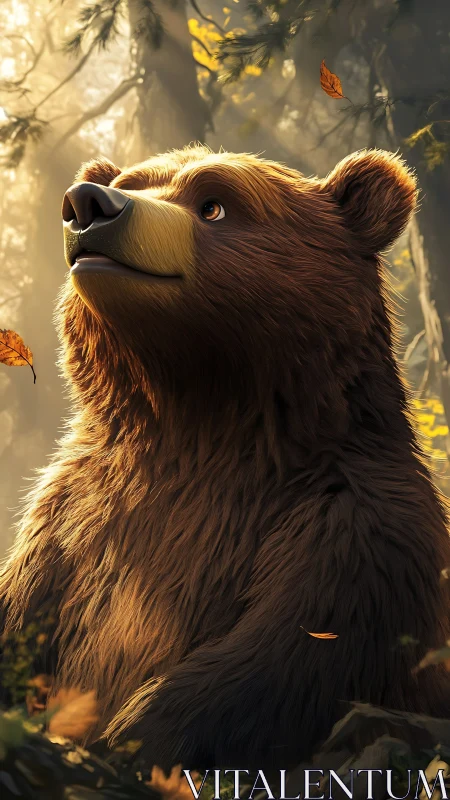 Stylized brown bear rendered in soft backlit forest scene