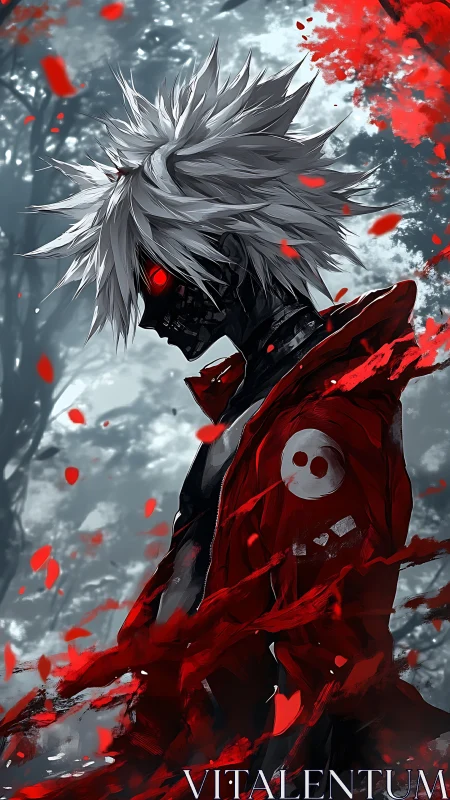 Cyborg figure in red coat with glowing eyes in forest.