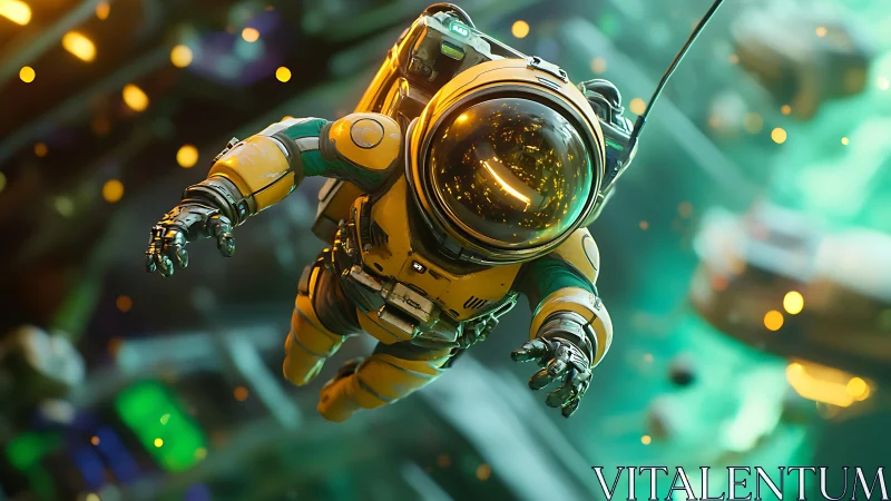 Drifting yellow astronaut amid neon-lit orbital debris field.