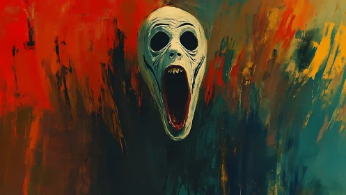 Elongated skull-like mask against abstract color field.