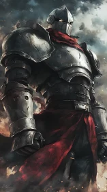 Towering armored warrior stands amid storm and embers.