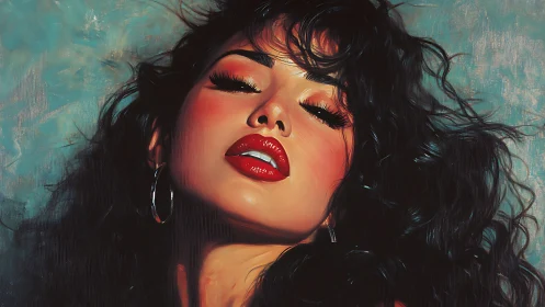 Sensual close-up portrait with glossy red lips and curls.