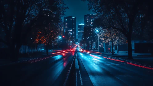 Urban roadway at night with light trails and high-rises.