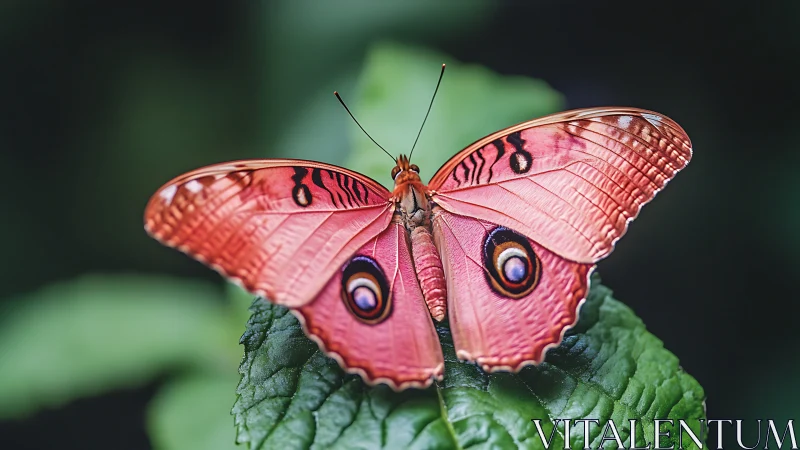 Pink butterfly on leaf with patterned wings in focus.