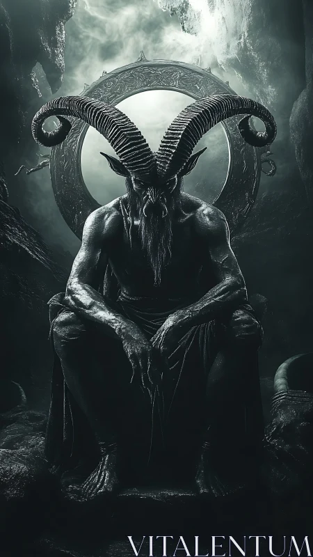 Horned shadow king resting before a silent stone portal.