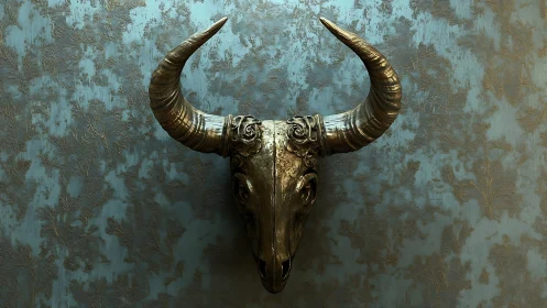 Metallic bull skull sculpture hangs on textured teal wall