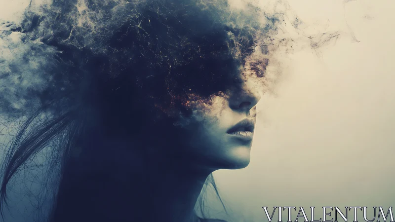 Dreamy portrait wrapped in drifting cosmic smoke and light.