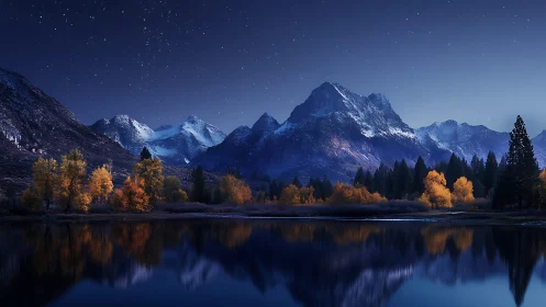 Nocturnal alpine basin with mirrored autumn treeline reflection.
