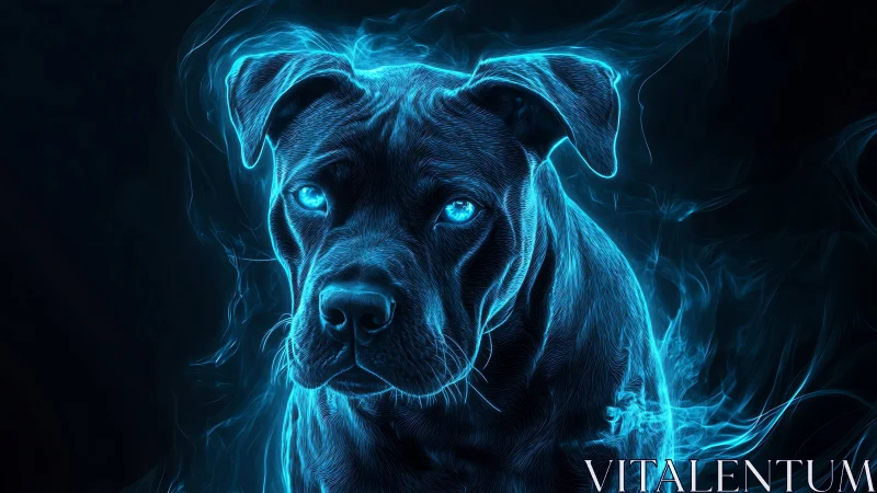 Neon blue dog portrait glows with ethereal electric energy.