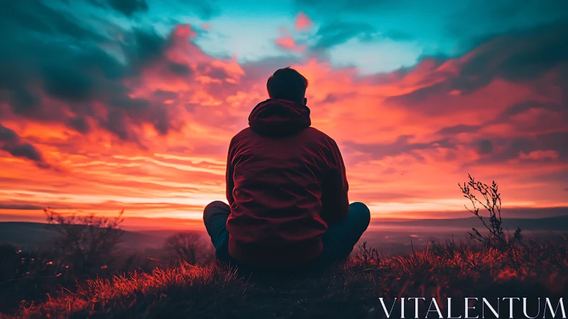 Contemplative figure silhouetted against neon gradient sunset sky.