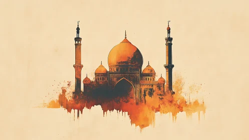 Mosque silhouette with domes in orange watercolor effect.