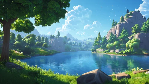 Sunny lakeside valley wrapped in gentle evergreen hills.