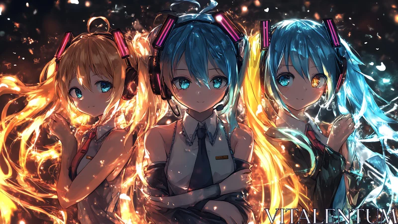 Triple cyber idols channel elemental neon fire and light.