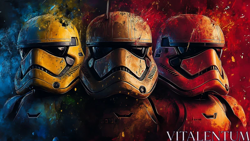 Trio of armored helmets ignite against vibrant split colors.
