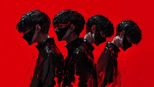 Masked figures in dark coats repeat against flat red background