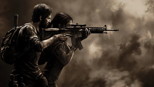 Weathered survivors stand together, sharing fierce resolve.