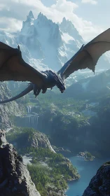 Skyborne dragon gliding above calm emerald valleys.