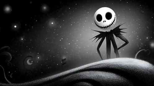 Skeletal figure on moonlit hill in stylized monochrome night.