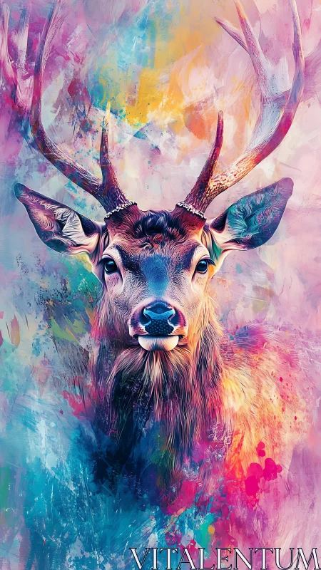 Vibrant stag portrait in expressive multicolor digital painting.