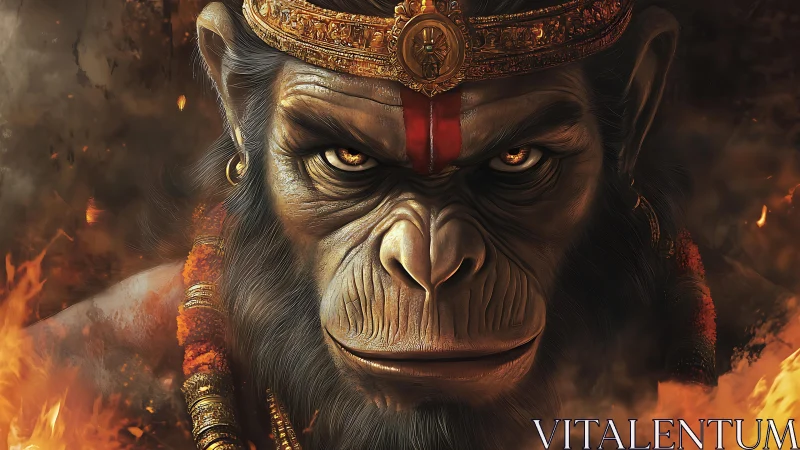 Fire‑crowned simian warrior gazes through mythic embers.