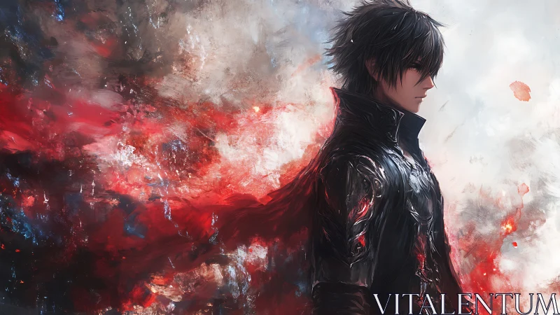 Dark-haired warrior stands amid swirling crimson storm