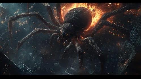 Colossal infernal spider assaulting cyberpunk megacity skyline.
