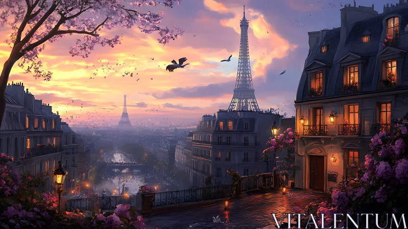 Digital painting of romantic Paris terrace at luminous sunset.