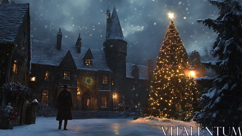 Cinematic winter manor courtyard with illuminated Christmas tree.