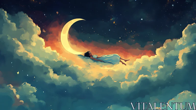 Dreaming girl drifts across crescent moon in glowing clouds.