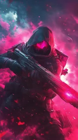 Armored hooded figure with rifle in neon magenta clouds.