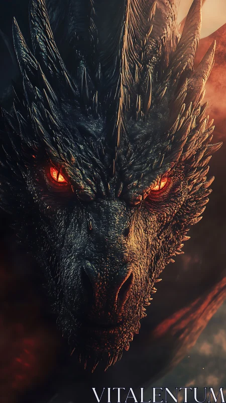 Fiery eyed dragon emerges from shadows in molten light