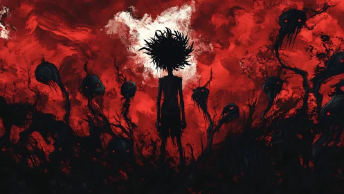 Silhouetted figure confronts red void and encroaching shadows