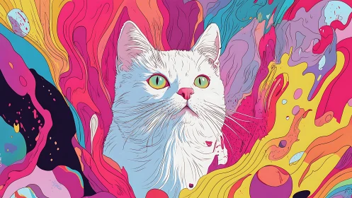 Luminous Cat Amid Psychedelic Chromatic Waves.