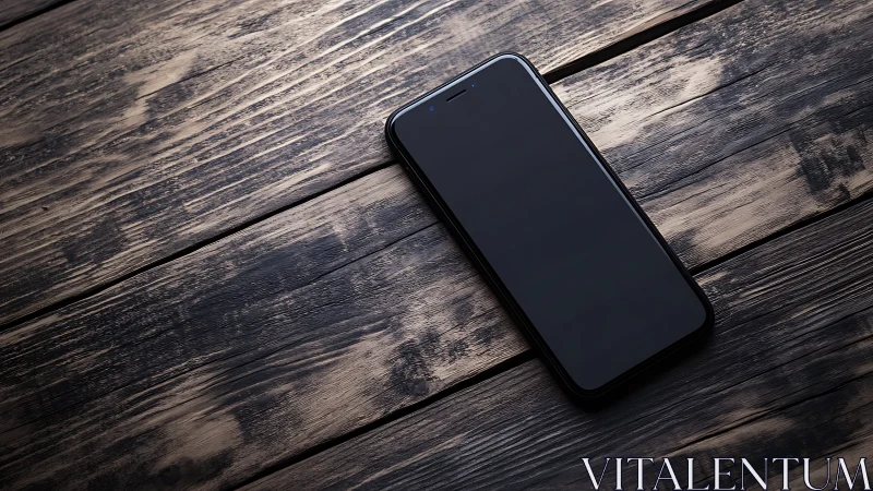 Smartphone on textured wooden surface casting shadows