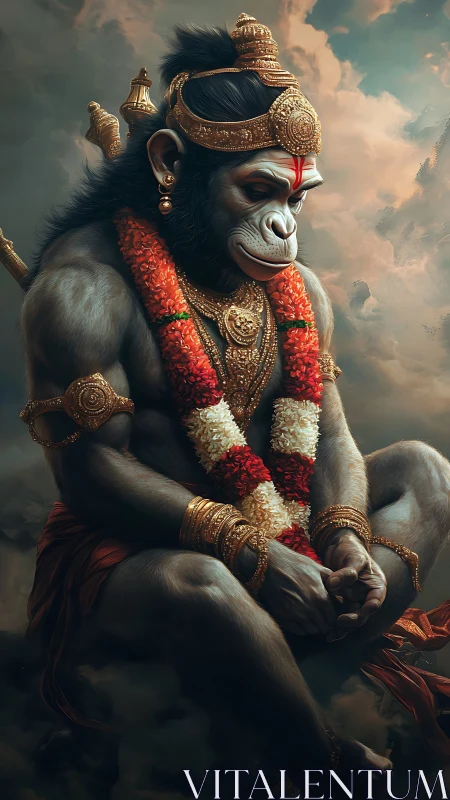 Divine monkey warrior sits in meditative cloud realm