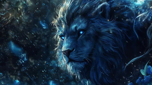 Mythic blue lion gazes through stormlit crystalline night