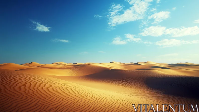 Sunlit desert dunes under clear blue sky at midday.