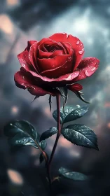 Luminous red rose with dewdrops in cinematic focus.