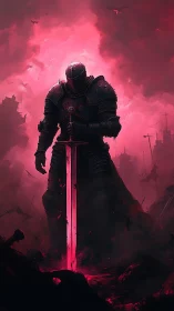Crimson armored knight guarding a glowing sword in ruins.