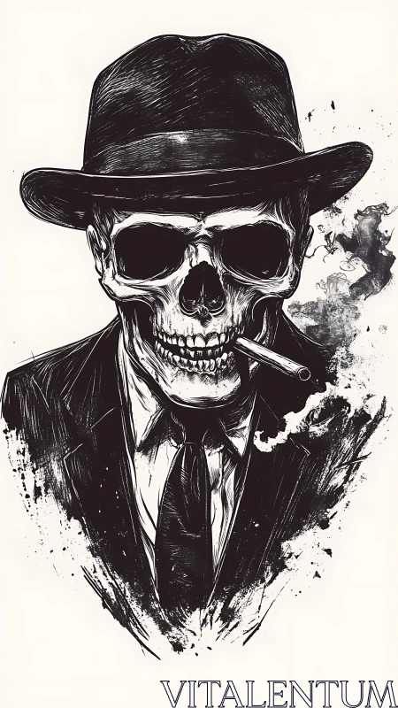 Noir skeletal mobster portrait in ink with smoking cigar